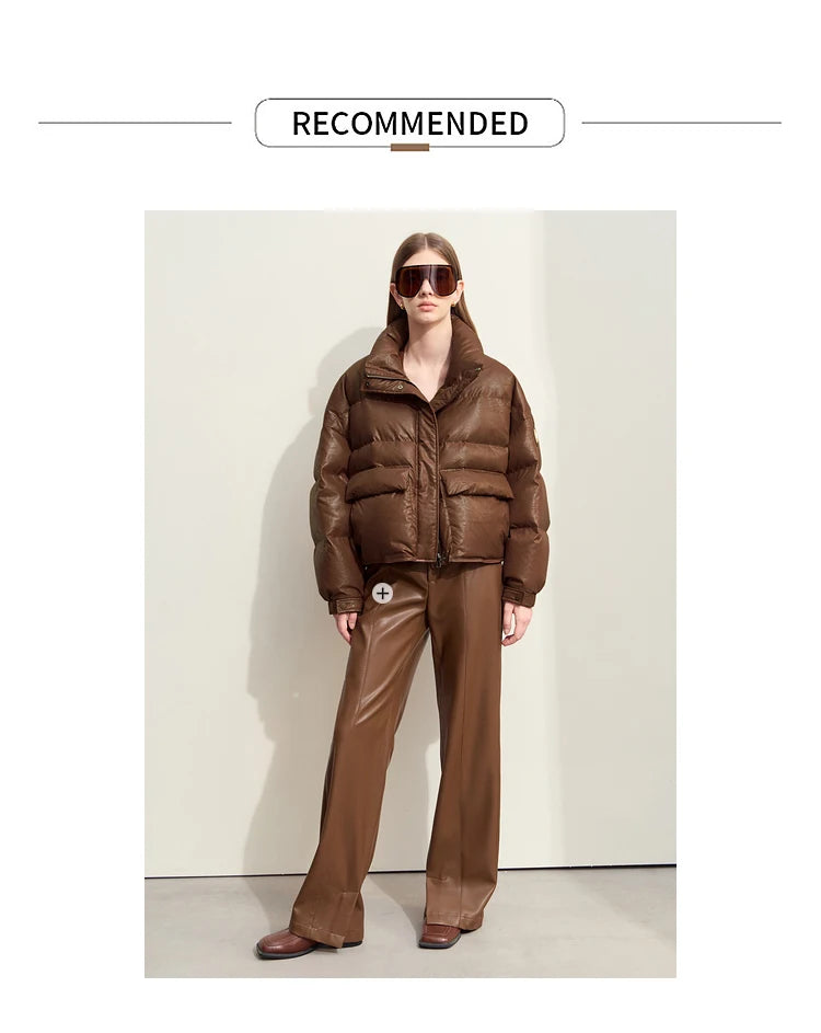 AMII Minimalist Women's Down Coat 2024 Winter Warm Thick Lapel Stand Collar Imitation Leather Duck Down Female Jacket 12444025