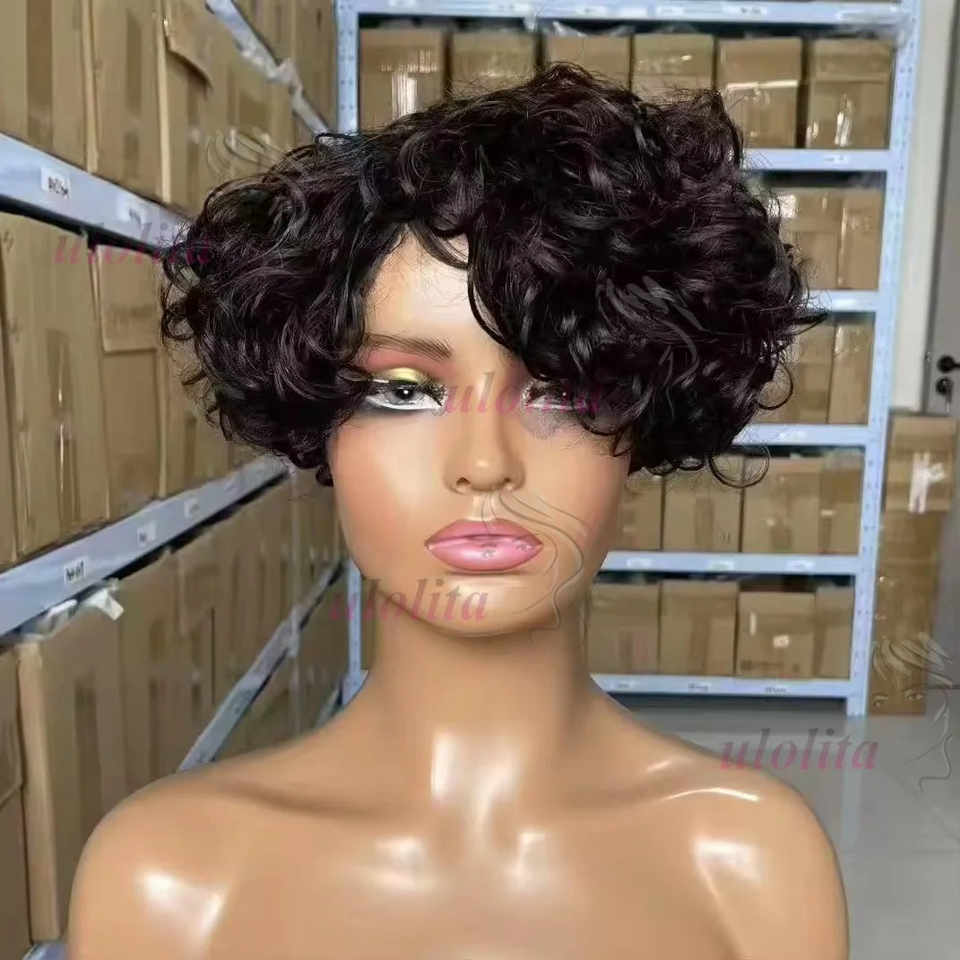 Chocolate brownMachine Made Wig Indian Human Hair Pixie Cut Wig Short Kinky Curly Loose Curly Non Lace Wigs with Bangs for Women