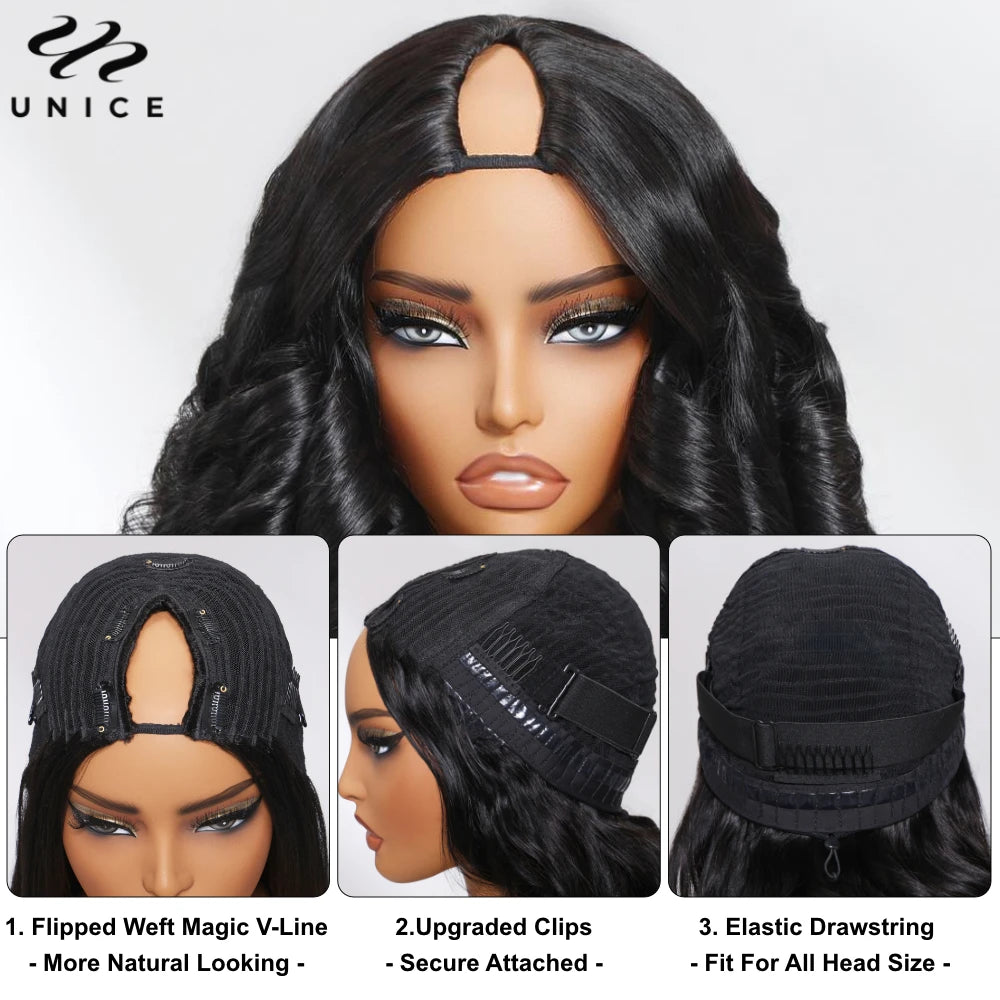 UNice Hair Drawstring Body Wave V Part Wig Natural Color 100% Human Hair Wigs Clip In V-Part Wig Mini Leave Out 150% Density
