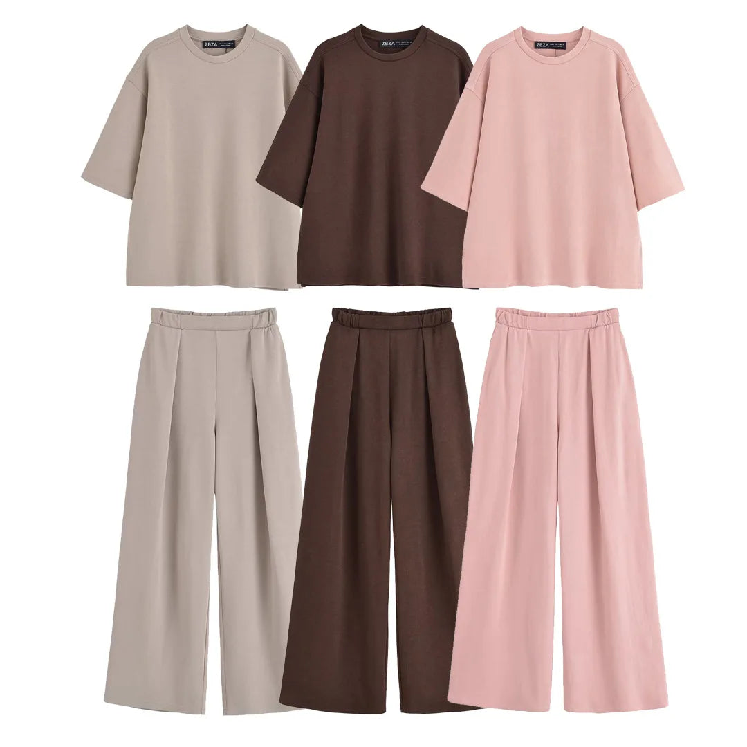 Women Set Sweet O-neck Short Sleeve T-shirt Wide Leg Elastic Waist Trousers 2025 Summer Lady Outfit Casual Solid Top Pants