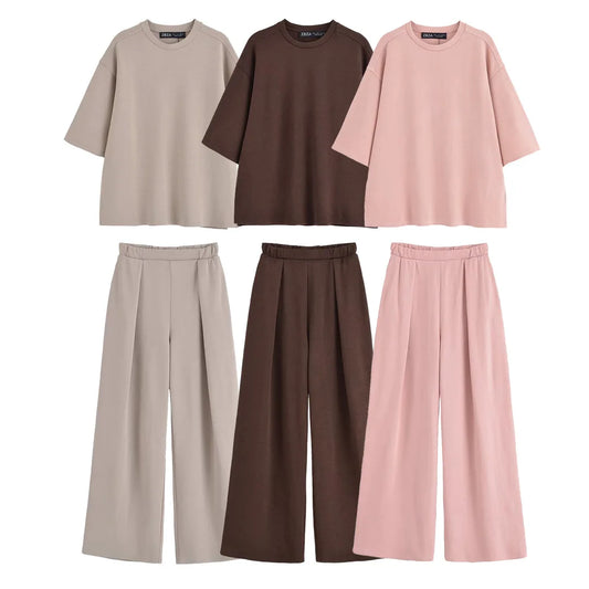 Women Set Sweet O-neck Short Sleeve T-shirt Wide Leg Elastic Waist Trousers 2025 Summer Lady Outfit Casual Solid Top Pants
