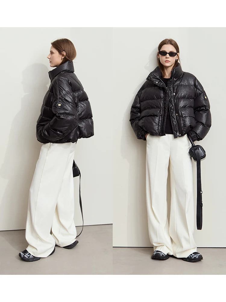 AMII Minimalist Women's Down Coat 2024 Winter Warm Thick Lapel Stand Collar Imitation Leather Duck Down Female Jacket 12444025