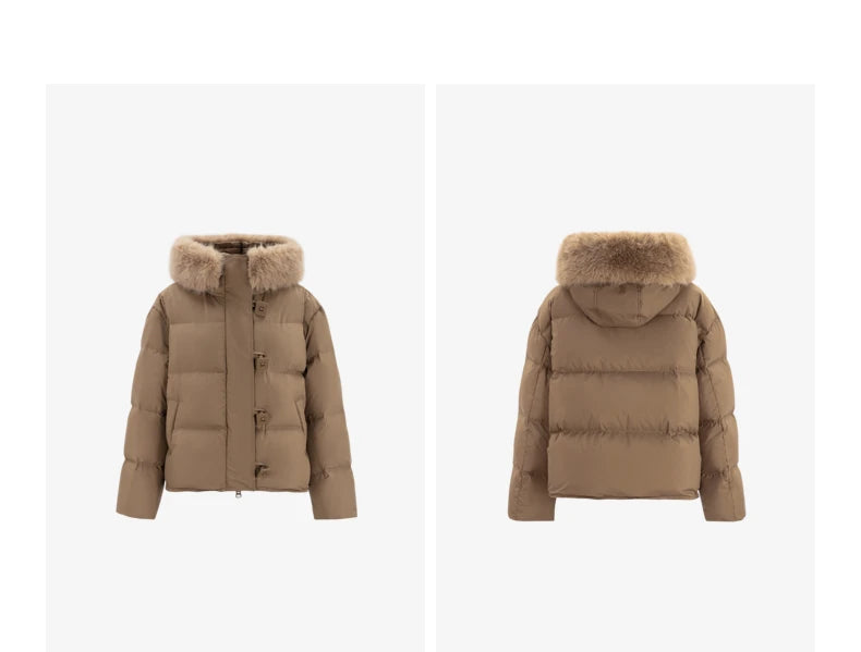 TOYOUTH Women Down Jacket 2024 Winter New 90% White Duck Down Fur Collar Hooded Warm Jacket Coat