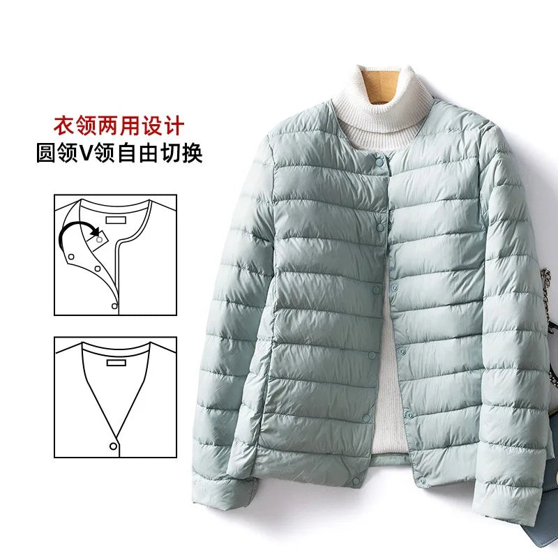 Light Down Coat Women Liner Duck Down Jacket O-neck Variable V-neck New Female Winter Collarless Ultralight Quilted Puffer Coat