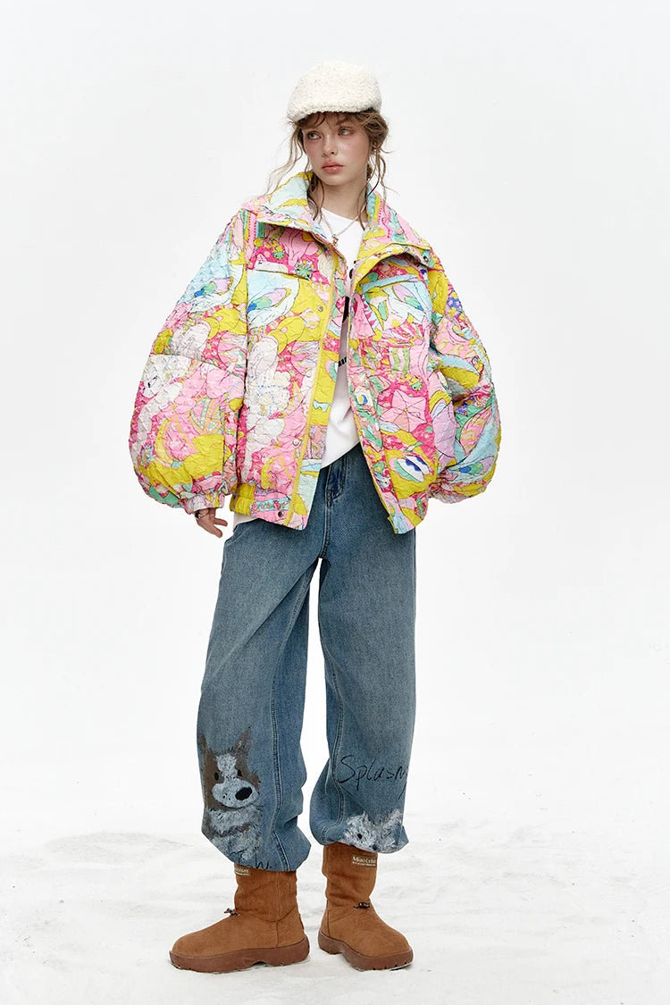 ELFSACK 2024 Winter New Arrivals Stand collar loose full printed short down jacket for women