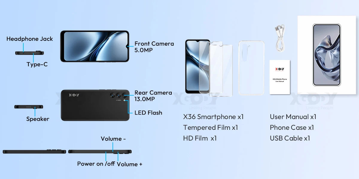 XGODY X36 Smartphone Android 15 Mobile Phone 6.5 Inch HD Screen 7GB RAM 32GB ROM Storage 4G Dual SIM Octa Core 4200mAh Battery