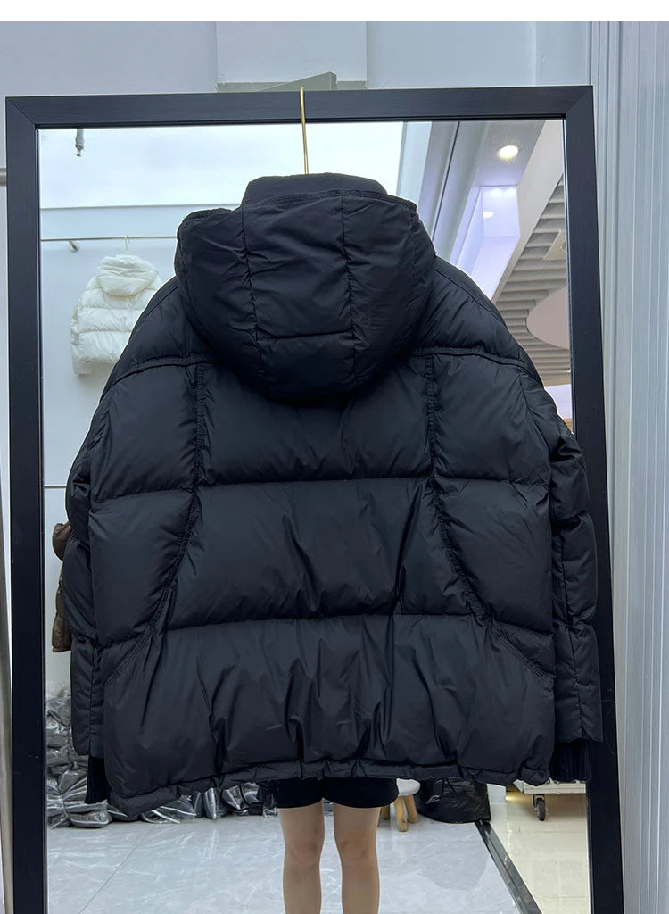 Schinteon Women White Duck Down Jacket with Hood Autumn Winter Warm Outwear Korean Style Over Size Loose Solid Color Coat 2025