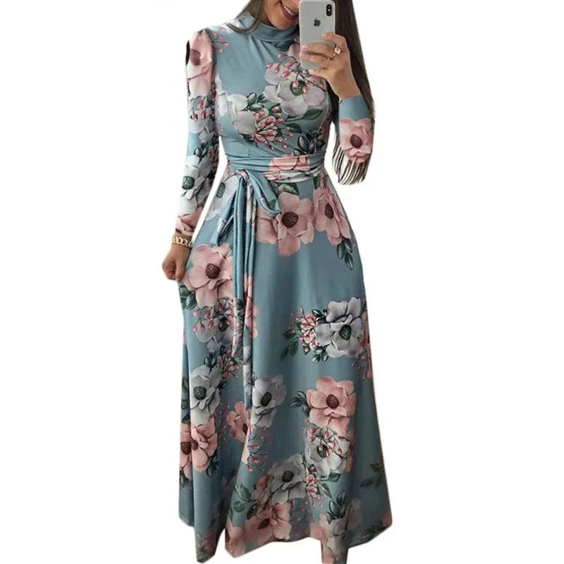 Women Summer Maxi Dress 2025 Casual Long Sleeve Boho Floral Print LOOSE Dress Turtleneck Bandage Elegant Party Dresses Vestidos