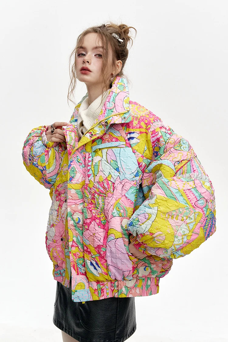 ELFSACK 2024 Winter New Arrivals Stand collar loose full printed short down jacket for women