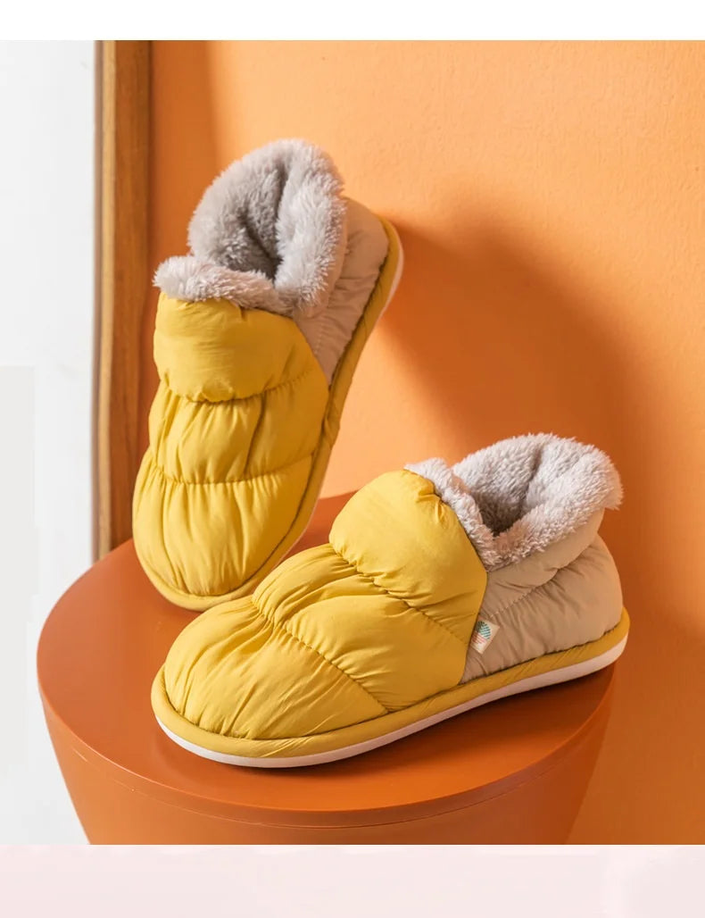 WDZKN Fashion Women Home Cotton Shoes Winter Warm Plush Slip On Slippers Waterproof Down Soft Bottom Indoor Couple Outside Shoes