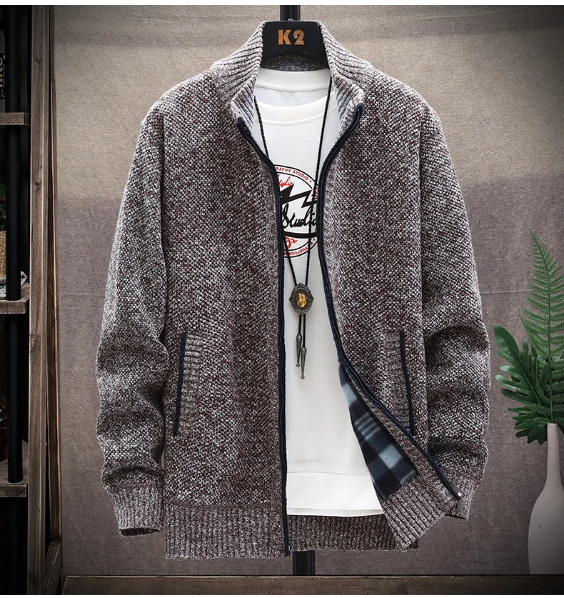 Knitted Cardigan Solid Color Sweater Men Zipper Autumn New Long-sleeved Jacket Warm Fleece Cardigans Jacket