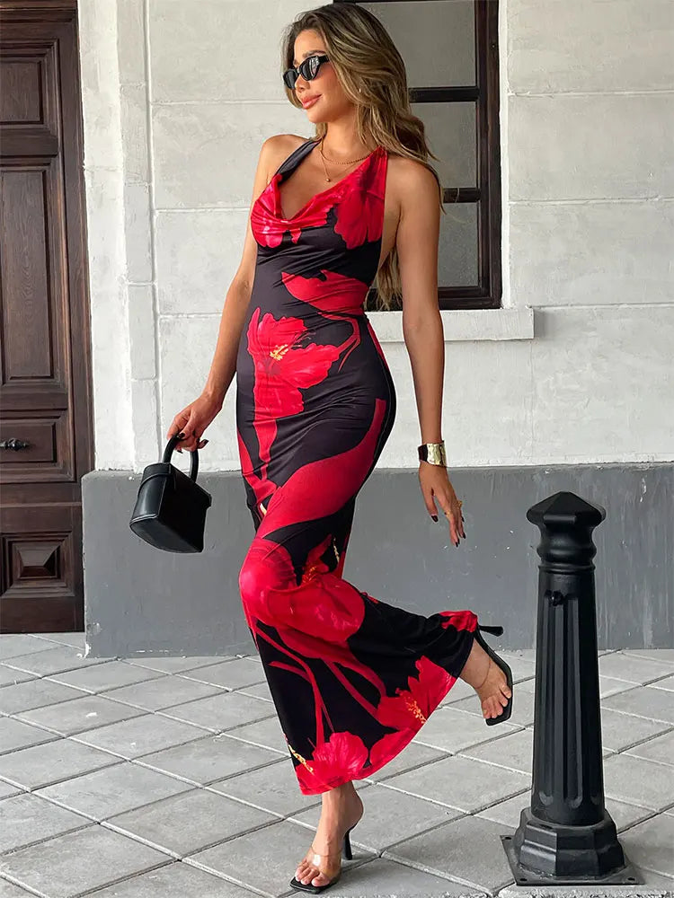 Women's Maxi Dresses Summer New Streetwear Fashion Lace-up Knitted Dress Red Sexy Female Print Backless Low Chest V-Neck Dresses
