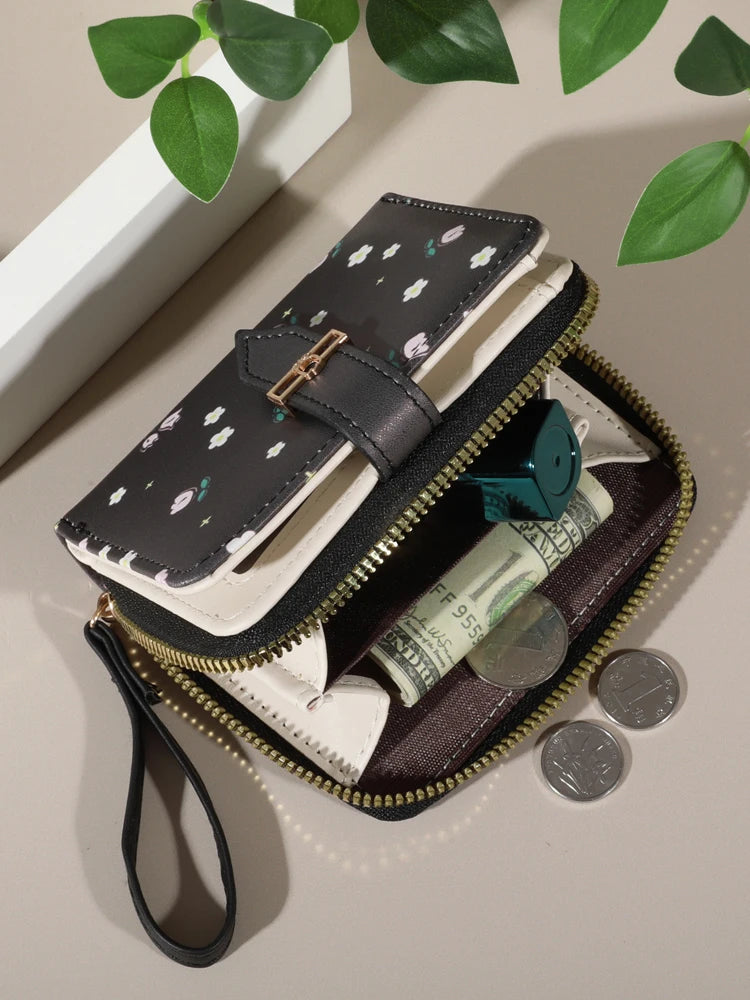 Flower patterned credit card holder for women or men's small card case with zipper hand-held wallet