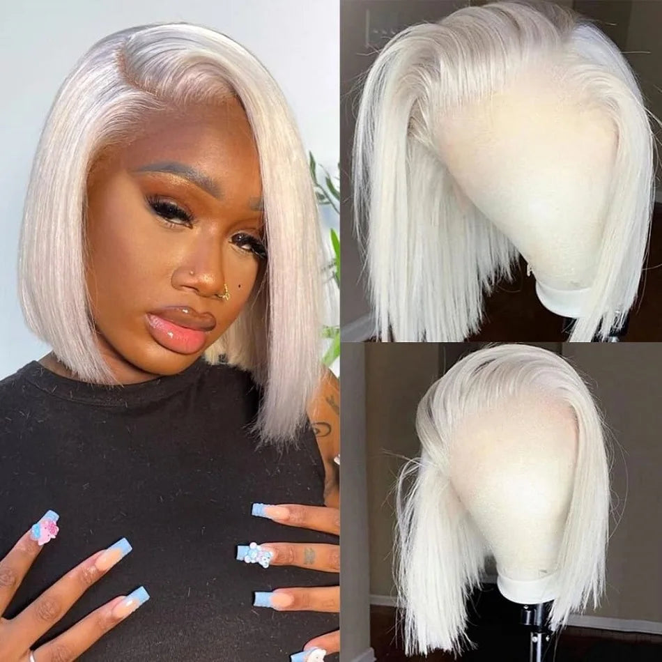 Platinum Blonde Short Bob Human Hair Lace Front Wigs for Women White Colored 60 Brazilian Straight Lace Closure Wigs Pre Plucked