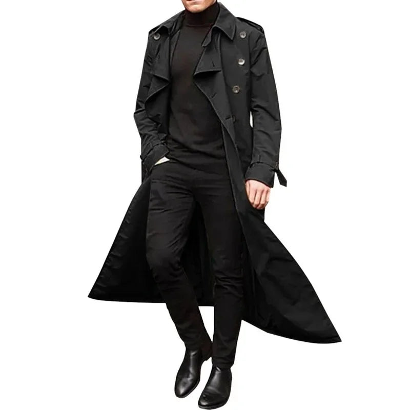 Men's Long Trench Coat Clothing Long Sleeve Loose Autumn Winter Solid Color Button Fashion Coats Trench