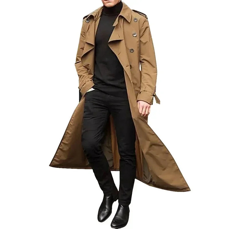 Men's Long Trench Coat Clothing Long Sleeve Loose Autumn Winter Solid Color Button Fashion Coats Trench