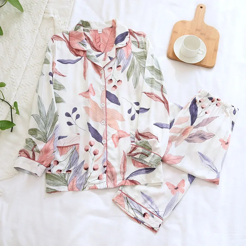 New Spring And Summer Ladies Pajamas Two-piece Viscose Long-sleeved Trousers Big Flower Cardigan Comfortable Home Service Set
