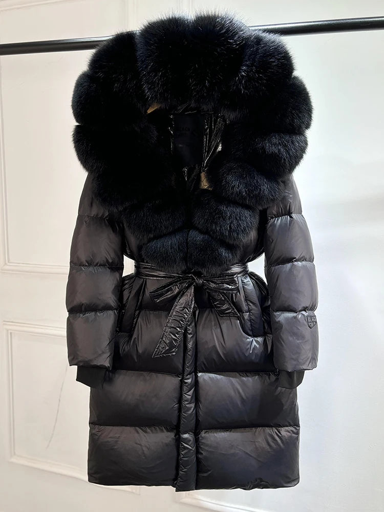 Janveny Winter Real Natural Fox Fur Hooded Long Puffer Down Jacket Women 90% Goose Down Coat Thick Warm Female Shiny Parkas