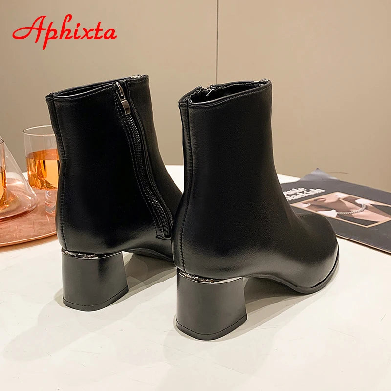 Aphixta 2023 Winter Side Zipper Shoes Women Boots 5cm Square Heel Ankle Boots Brown Botines Mujer Ladies Big Size Shoes