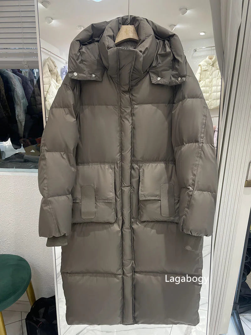 Lagabogy 2025 New Winter Women Puffer Jacket Female White Duck Down Coat Large Version of Warm Hooded Loose Thickened Long Parka
