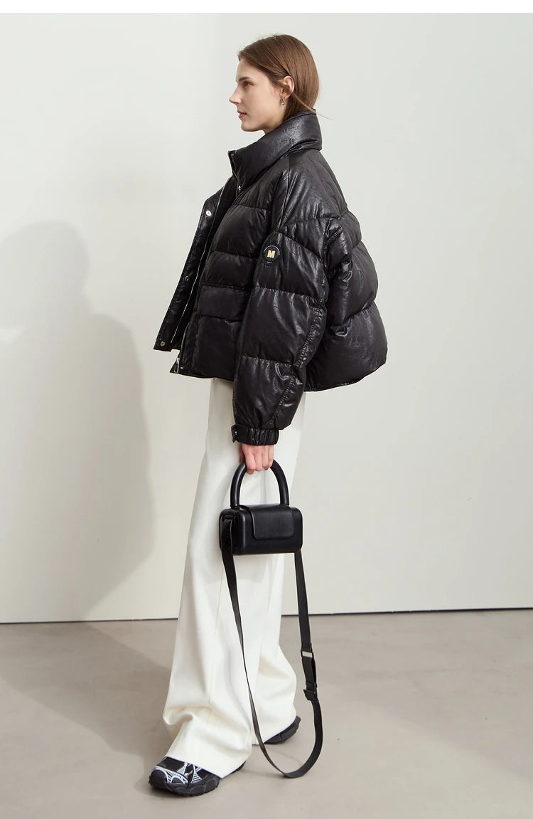 AMII Minimalist Women's Down Coat 2024 Winter Warm Thick Lapel Stand Collar Imitation Leather Duck Down Female Jacket 12444025