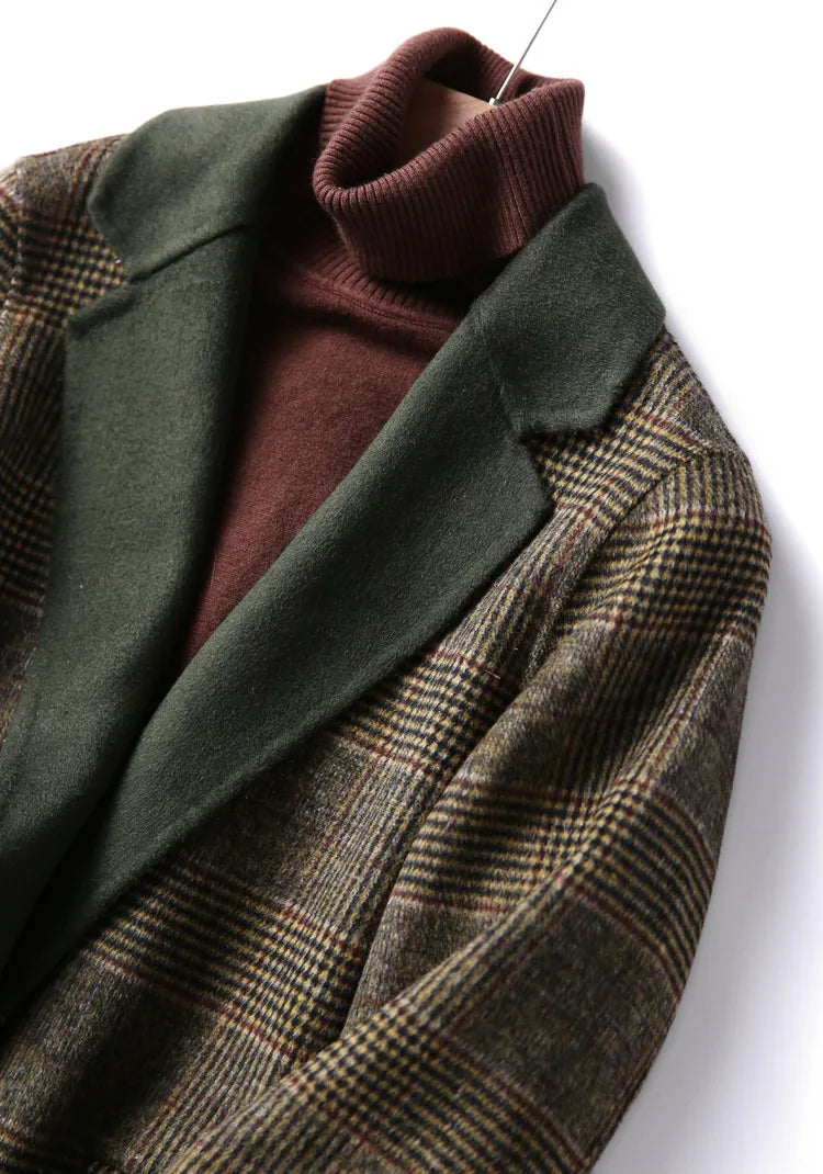 Handmade Sewn Double-sided Woolen Blazer Women Spring Autumn Plaid Wool Overcoat Office Lady Casual Suit Coat Thick Jacket