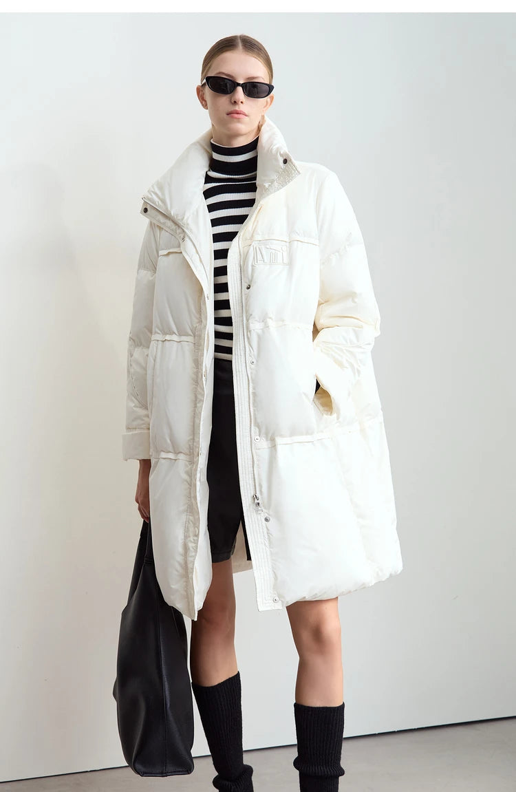 Amii 2024 Winter New Women's Velcro Loose Coat Top Warm Stand-up Collar Letter Embroidered Seal Zipper Down Jacket 12444103