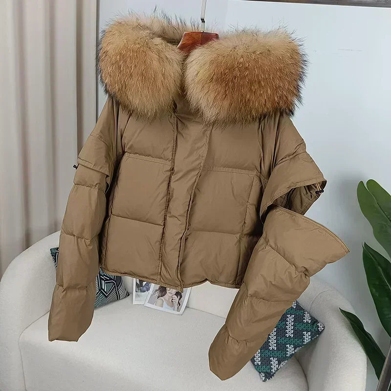 Outerwear Autumn Winter Women Hooded Fashionable Streetwear Detachable Sleeve Real Raccoon Fur Collar Jacket Duck Down Loose