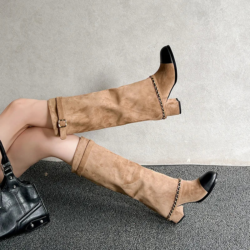 Arden Furtado 2024 Cowhide Mixed Colors Knee high boots Round toe Suede Pull-on Turned-over Edge Chunky heels Modern boots