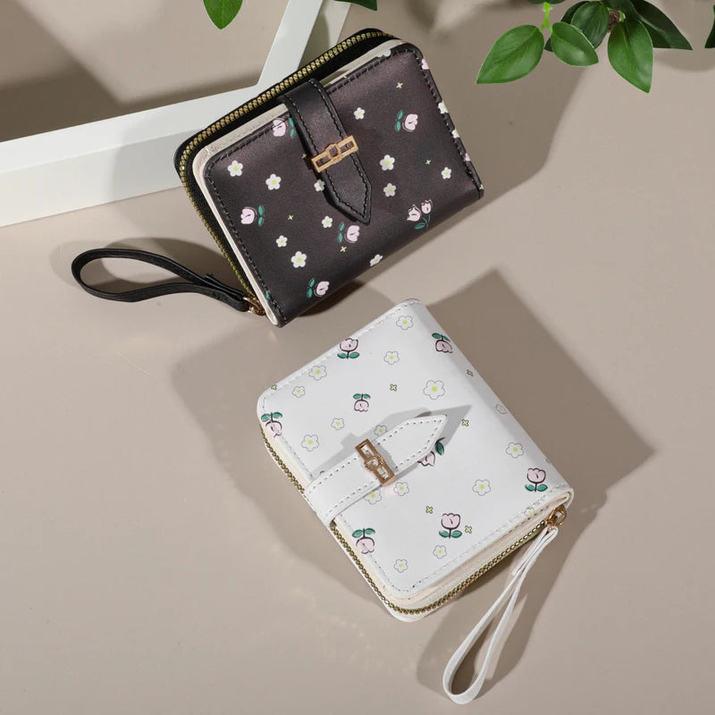 Flower patterned credit card holder for women or men's small card case with zipper hand-held wallet