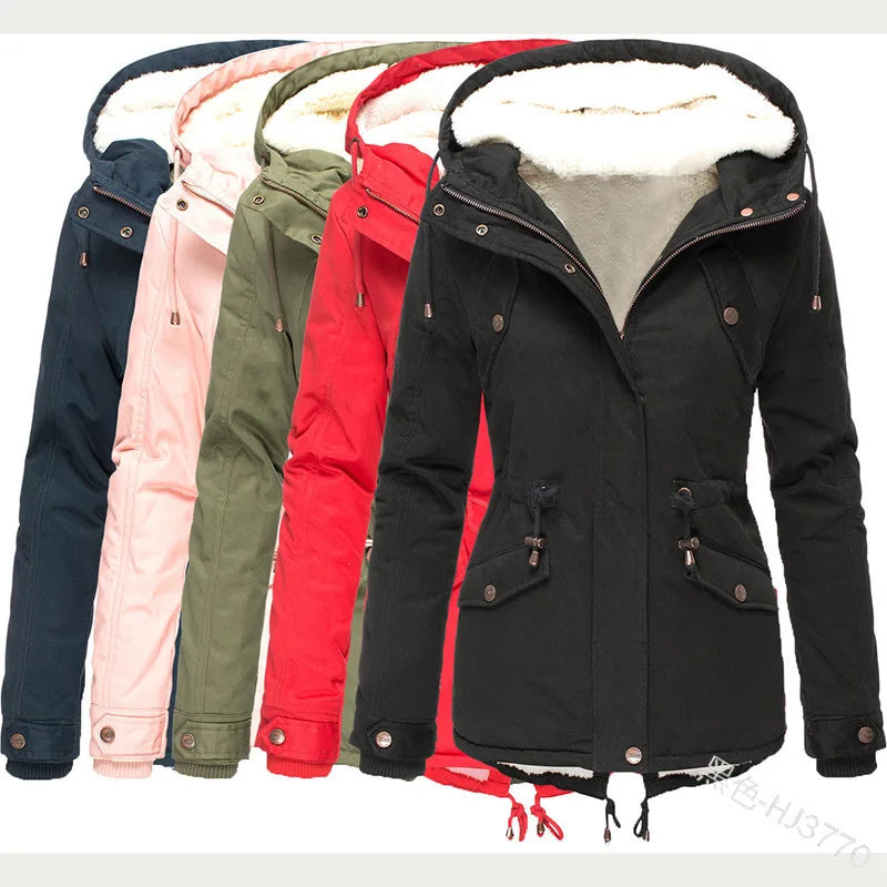 Women's Winter Jacket Warm Solid Plush Thickened Long Winter Coat Outdoor Hiking Hooded Casual Windproof Parka Coat Overcoat