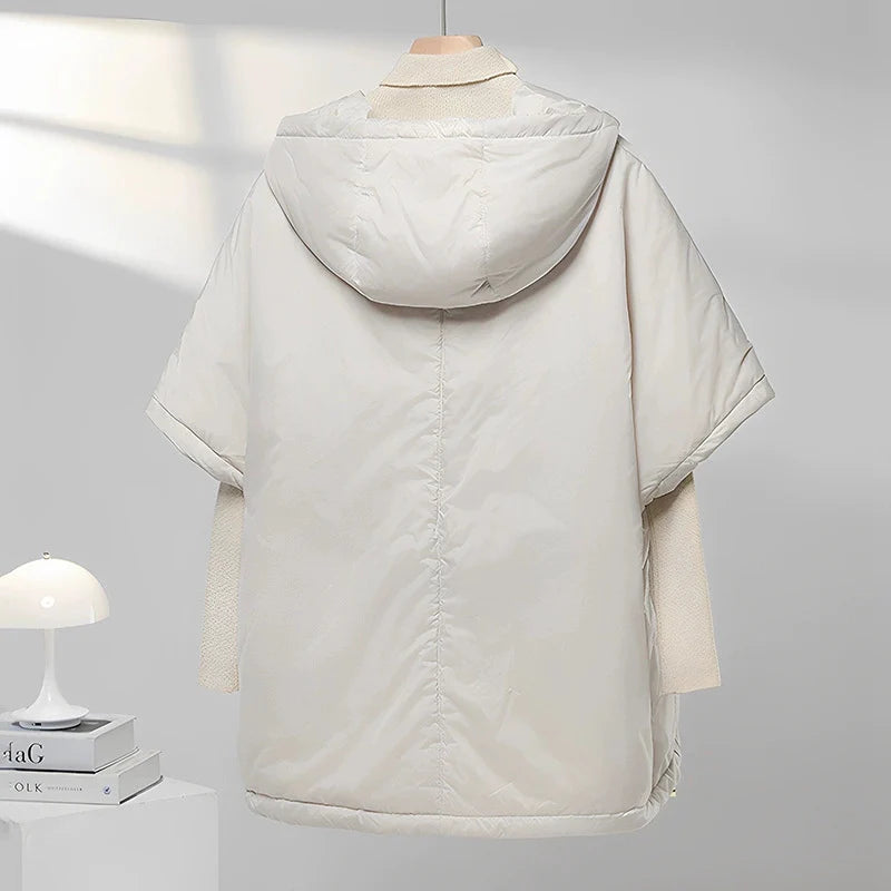 Schinteon Women Camel Down Cape Vest with Hood Loose Sleeveless Gilet Solid Fashionable Autumn Winter Jacket 2025 New