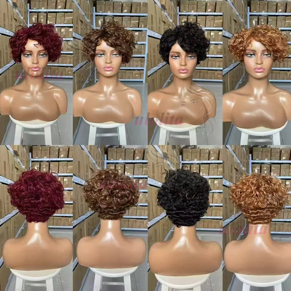 Chocolate brownMachine Made Wig Indian Human Hair Pixie Cut Wig Short Kinky Curly Loose Curly Non Lace Wigs with Bangs for Women