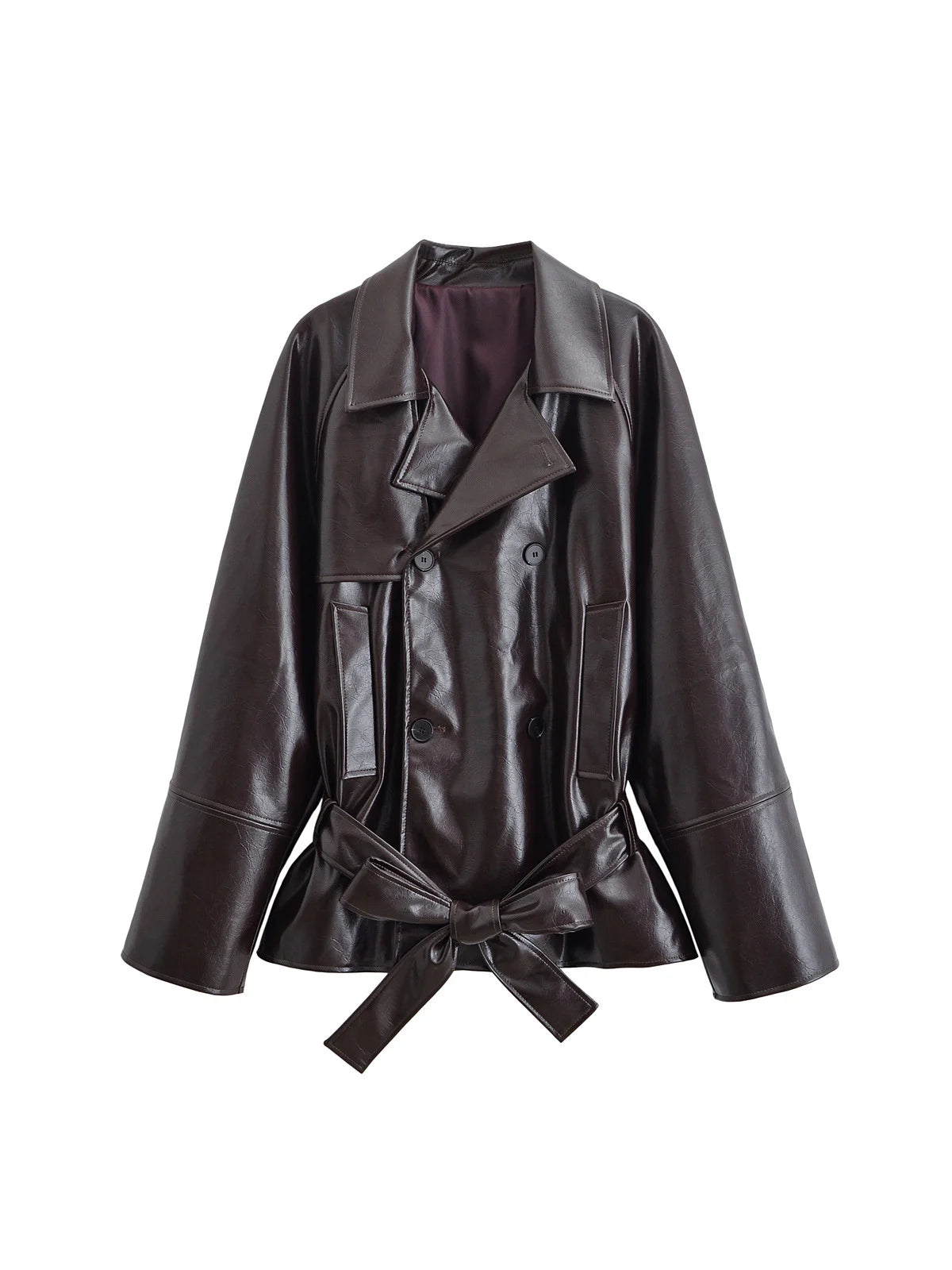 Women's clothing 2025 early autumn new fashionable simple temperament belt lapel imitation leather windbreaker