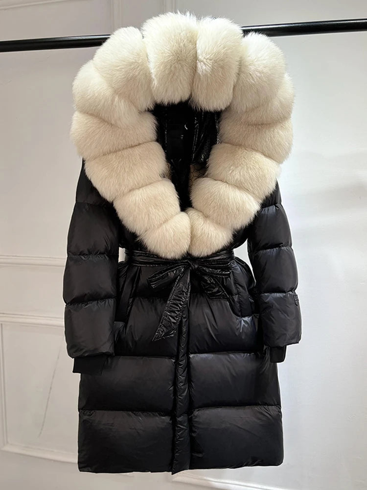 Janveny Winter Real Natural Fox Fur Hooded Long Puffer Down Jacket Women 90% Goose Down Coat Thick Warm Female Shiny Parkas
