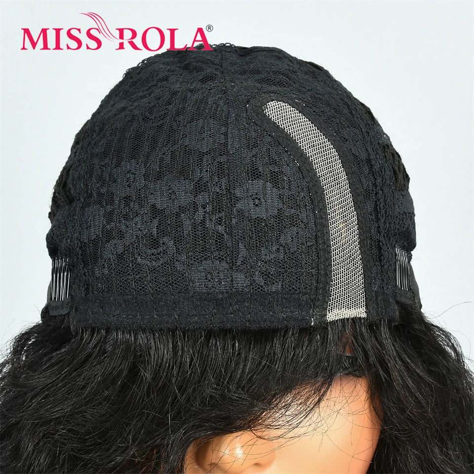 Miss Rola Brazilian 4X1 Lace Part Human Hair Wigs Right Side Part Water Wave Wig With Bangs Remy Lace Wig 180% Density