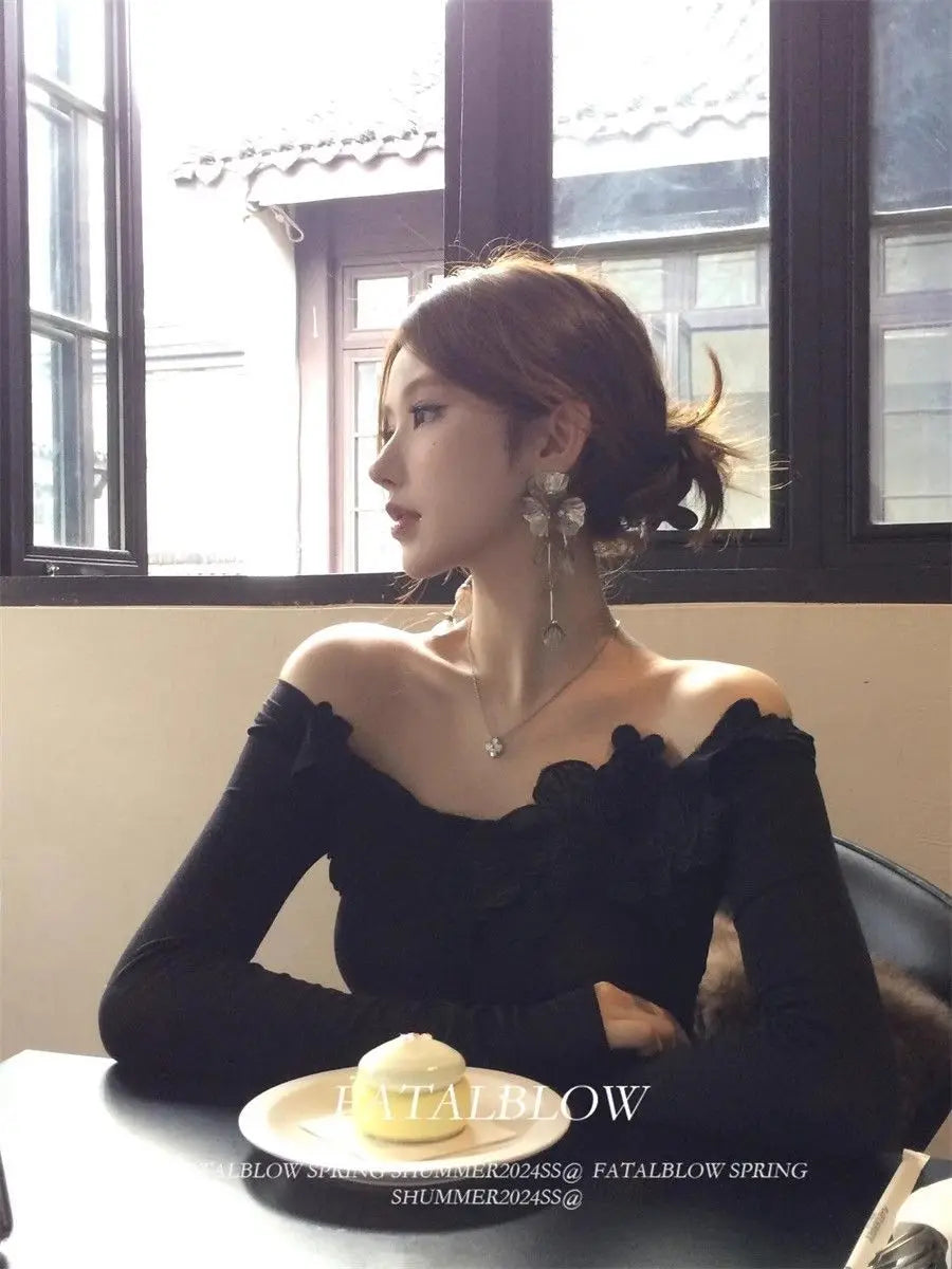 Women Clothes Spring Autumn Fashion Simplicity Solid Color Slash Neck Ladies Trend Pure Desire Wind Long Sleeve Appear Thin Tops