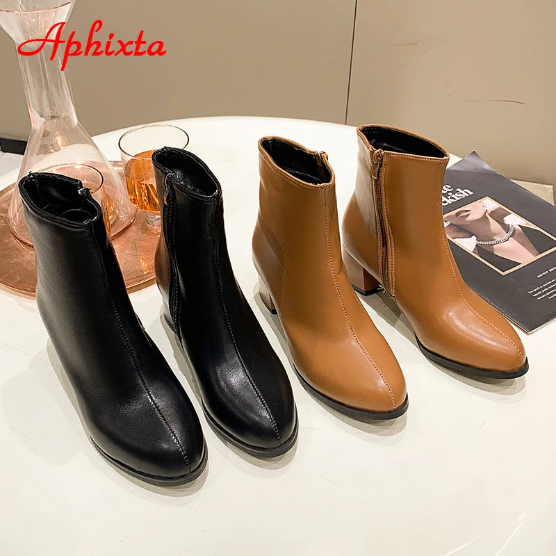 Aphixta 2023 Winter Side Zipper Shoes Women Boots 5cm Square Heel Ankle Boots Brown Botines Mujer Ladies Big Size Shoes