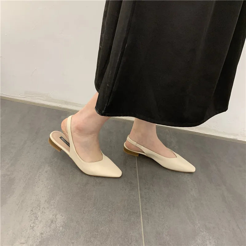 Elegant Slingback Flat Sandals Women Solid Leather Pointed Toe Shoes Summer Ladies Rear Strap Sandalias Low Heel Mary Janes 2025