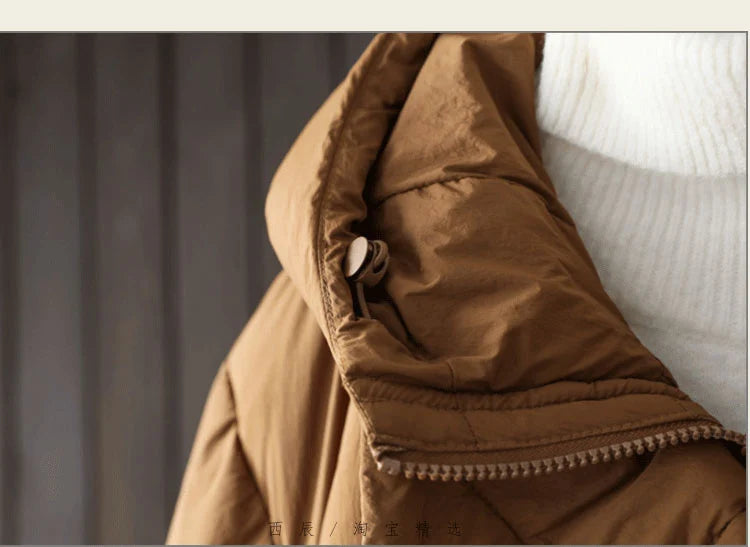 Schinteon Women White Duck Down Long Jacket Casual Loose Autumn Winter Outwear with Hood Warm Coat Big Pockets 2024 Korean Style