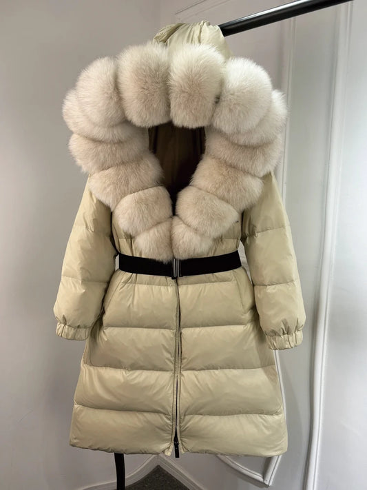 Lagabogy 2025 Winter Puffer Jacket Women Real Fox Fur Hooded Collar Thick Warm Long White Duck Down Coat Loose Luxury Outerwear