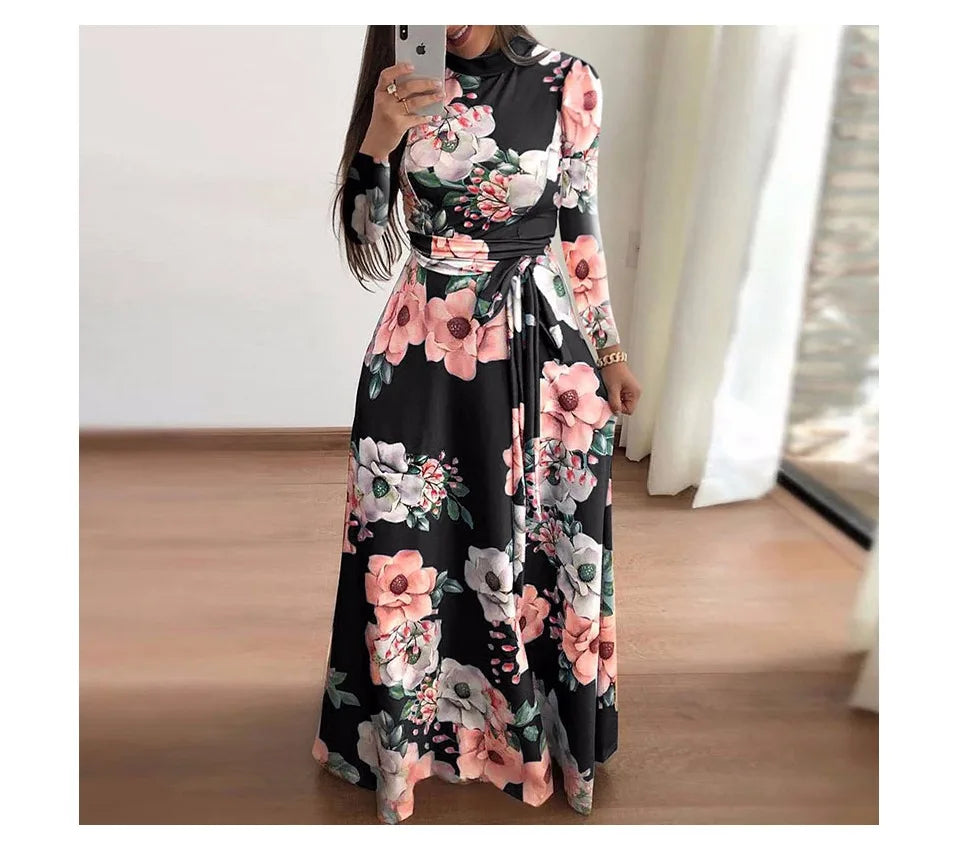 Women Summer Maxi Dress 2025 Casual Long Sleeve Boho Floral Print LOOSE Dress Turtleneck Bandage Elegant Party Dresses Vestidos