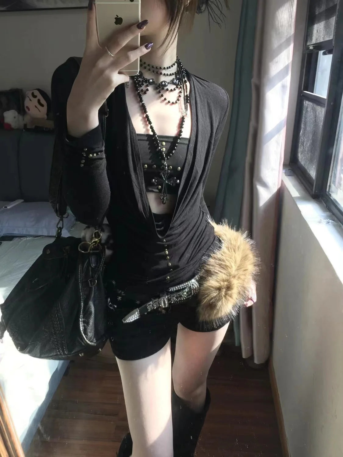 Long Sleeve Sexy Y2k T-shirt Women Tops High Neck Black Gothic Tees Cross Hollow Slimming Bottom Knitted Shirt Women Halloween