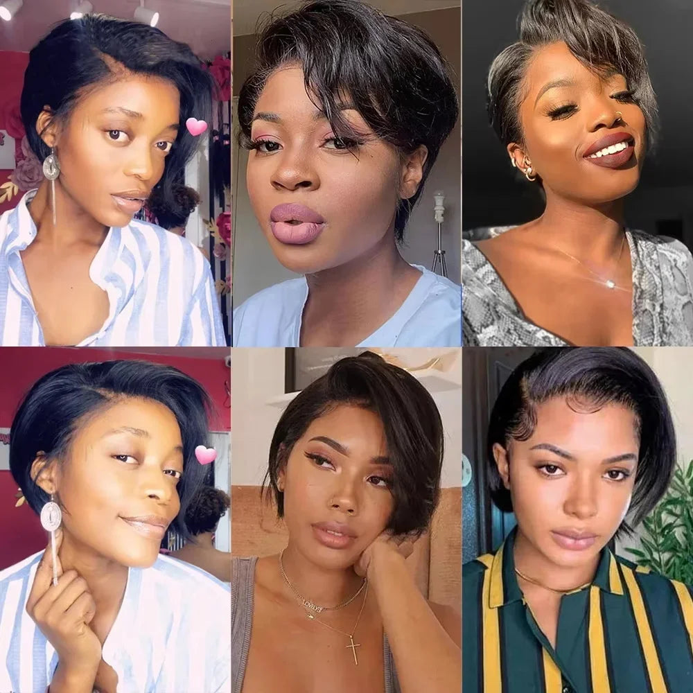 13x4 Lace Wig Side Part Pixie Cut Wigs 100% Virgin Hair Side Part Peruvian Straight Bob Wig Transparent Lace For Black Women