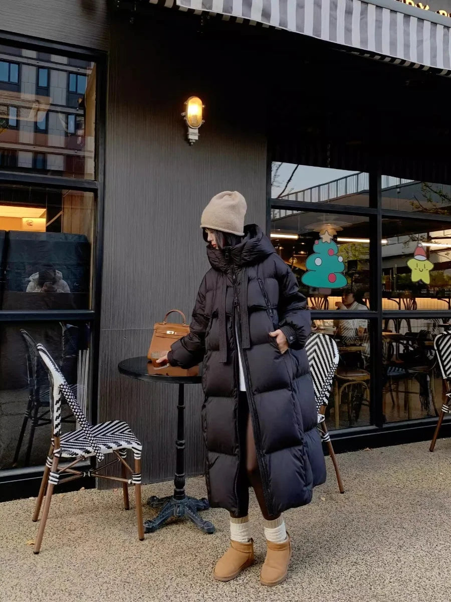 FIGOHR Women's Down Cotton Padded Jackets Korean Thickened Warm Long Overcoat Solid Hooded Overall Topcoat 2024 Winter