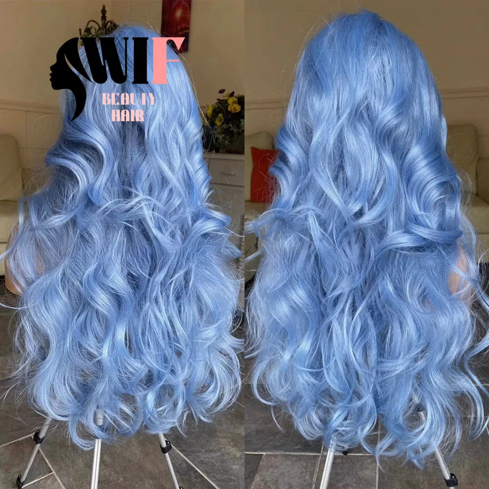 WIF Light Blue Body Wavy Synthetic Wig Natural Hairline Blue Hair Long Wavy Heat Lace Front Wigs Cosplay Use Women Makeup Wig
