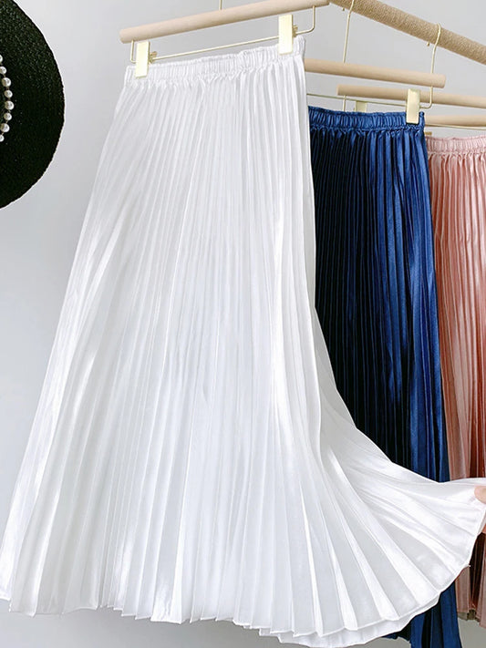 White Pleated Skirt Women Autumn Long Skirts Female Vintage Casual Elastic Waist Skirt Elegant Loose Solid Color A Line Skirts
