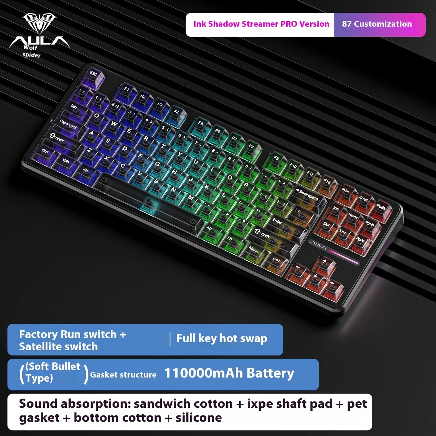 Aula Spider F87 Pro Mechanical Keyboard Wireless Customizable Triple Mode Bluetooth Gaming Esports Computer Side-Engraved Keycap