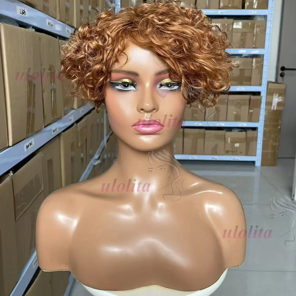 Chocolate brownMachine Made Wig Indian Human Hair Pixie Cut Wig Short Kinky Curly Loose Curly Non Lace Wigs with Bangs for Women