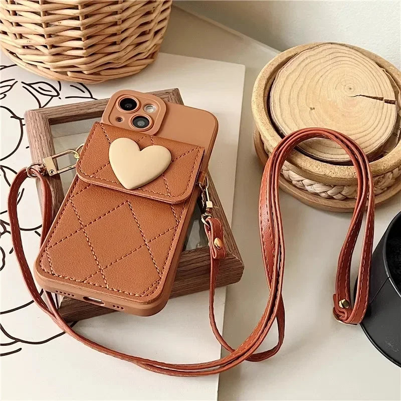 Cute Crossbody Lanyard Case For Xiaomi Redmi Note 14 Pro Plus 13 12 14C 13C Mi 14T X7 Strap Card Slots Phone 3D Love Heart Cover